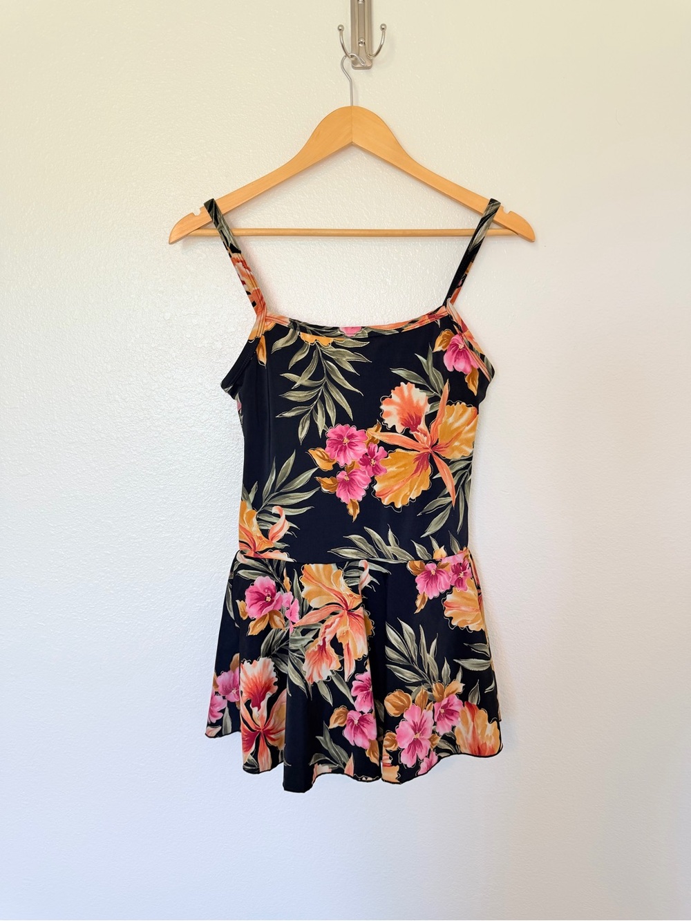 Vintage Floral Black Spaghetti Strap Swim Dress
